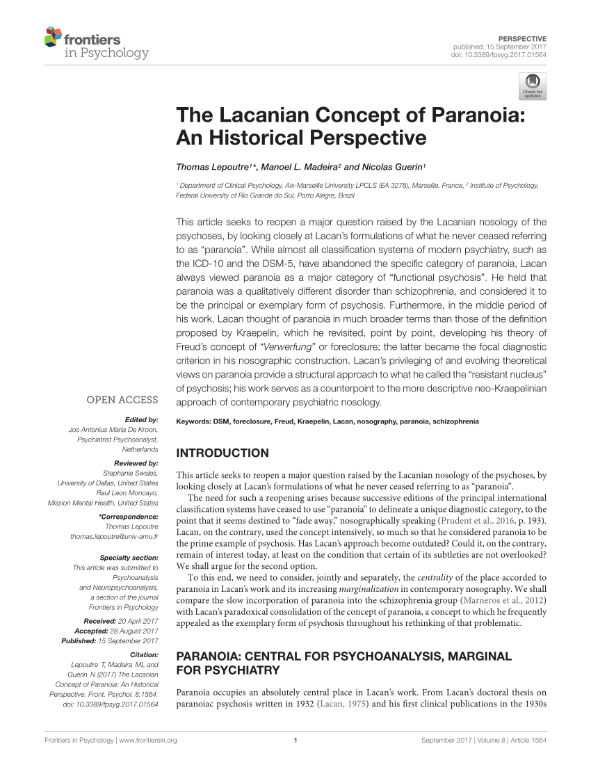 Pdf The Lacanian Concept Of Paranoia An Historical Perspective