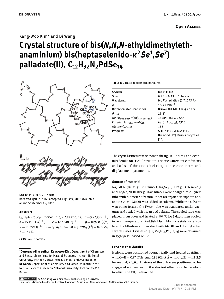 Pdf Crystal Structure Of Bis N N N Ethyldimethylethanaminium Bis Heptaselenido K2se1 Se7 Palladate Ii C12h32n2pdse14