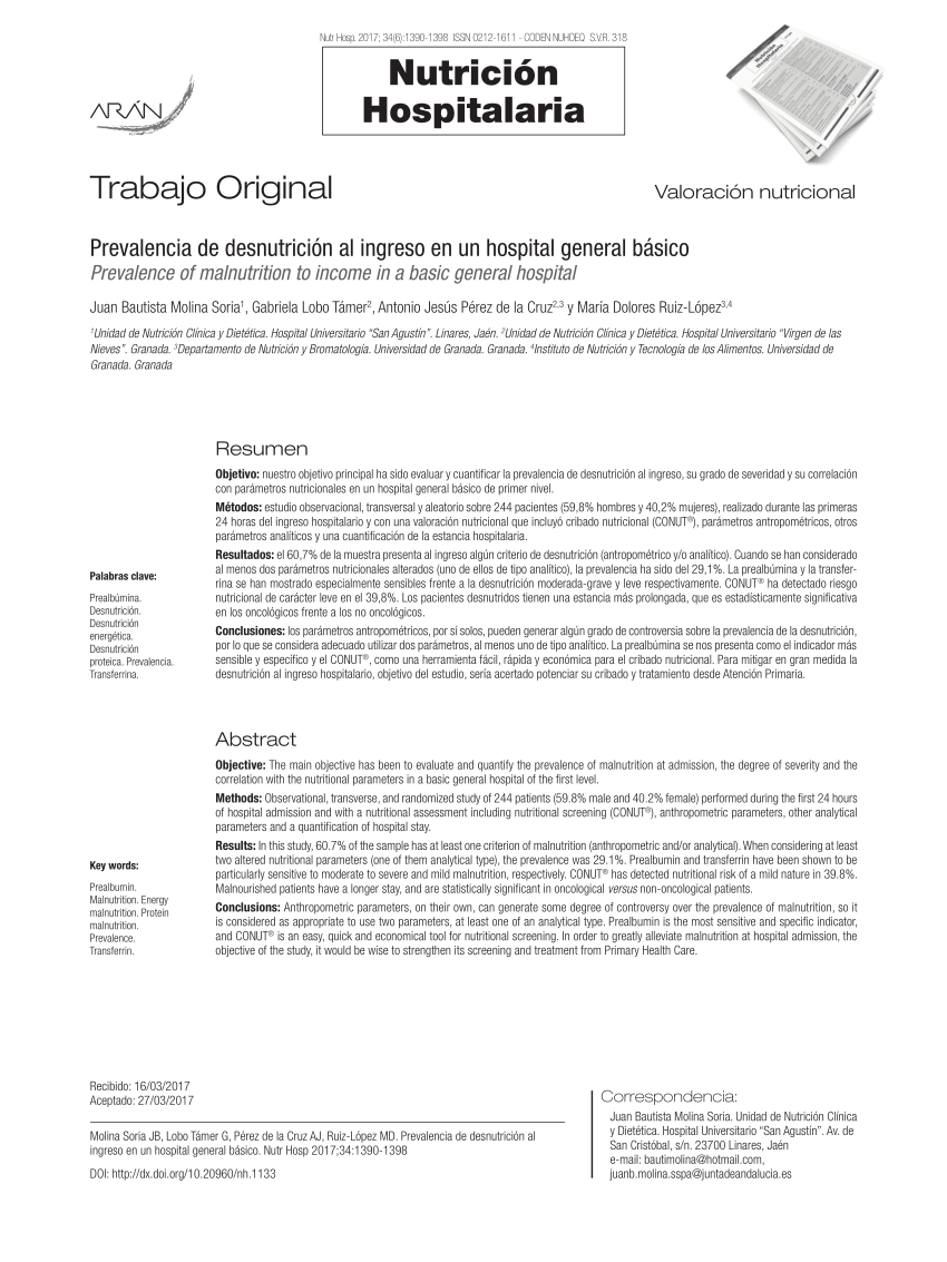 PDF Prevalencia de desnutrición al ingreso en un hospital general  