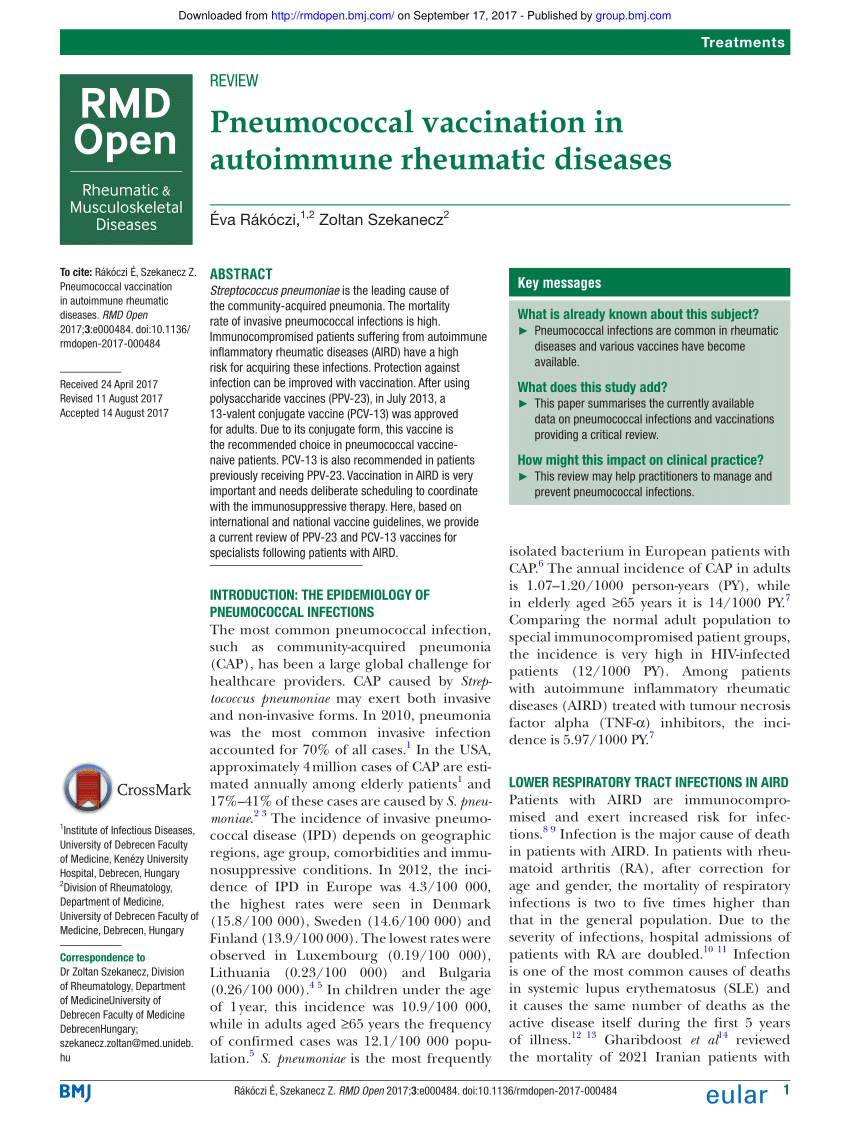 Pdf Pneumococcal Vaccination In Autoimmune Rheumatic Diseases - 