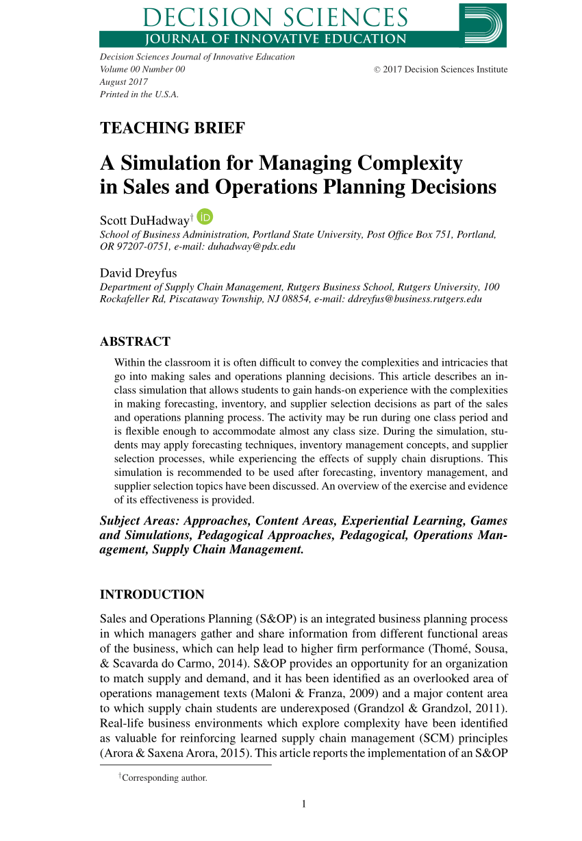 Pdf A Simulation For Managing Complexity In Sales And Operations Planning Decisions A Simulation For Managing Complexity