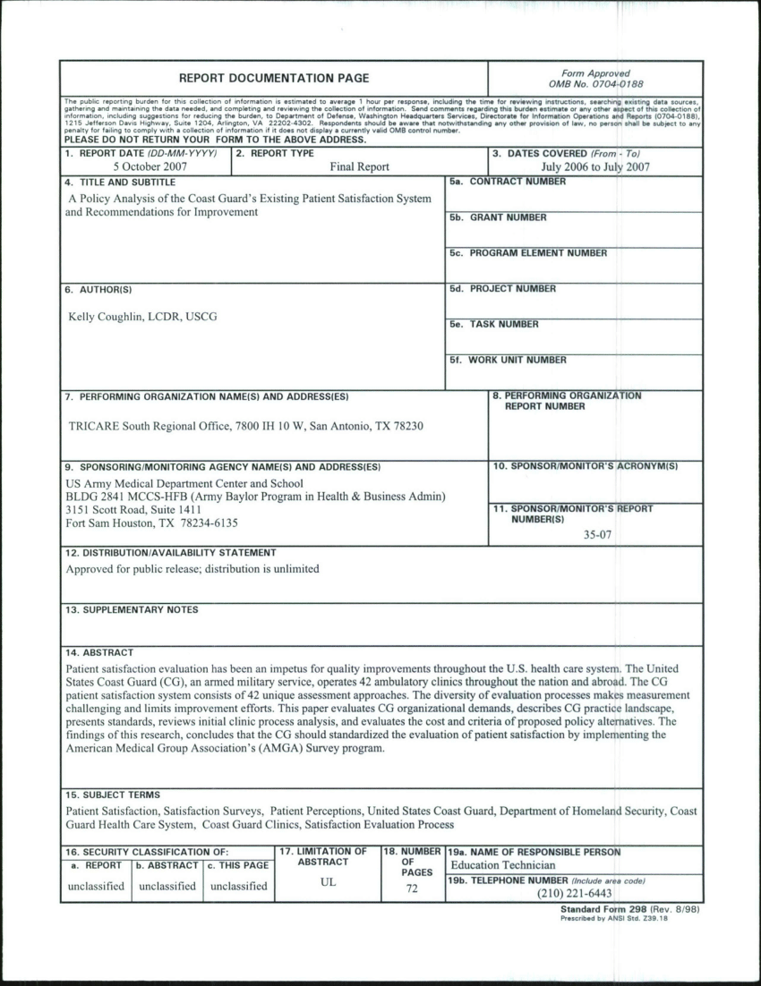 Pdf A Policy Analysis Of The Coast Guard S Existing Patient Satisfaction System And Recommendations For Improvement