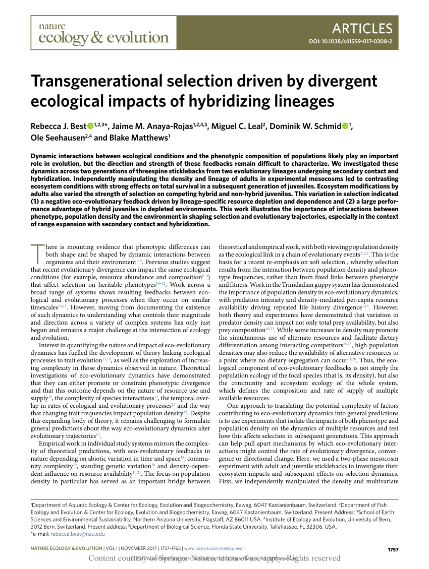 Transgenerational Selection Driven By Divergent Ecological Impacts Of Hybridizing Lineages Request Pdf