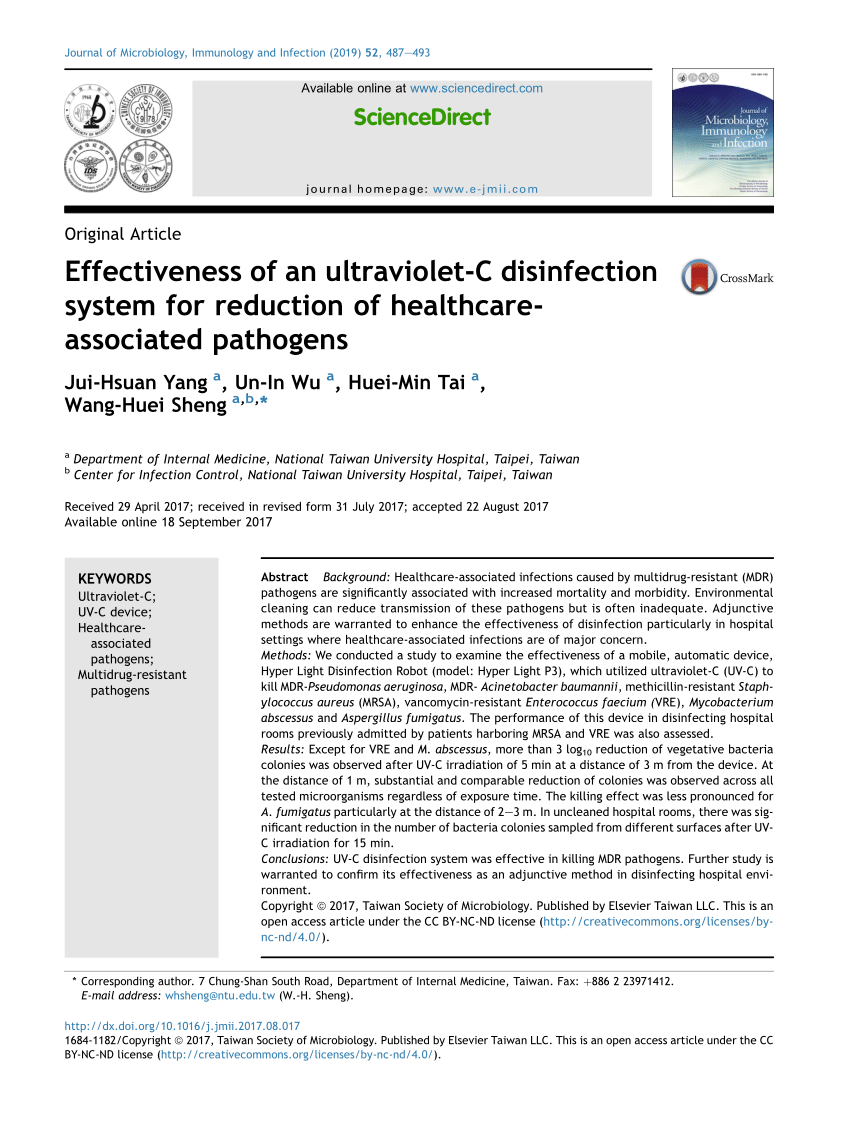 Pdf Effectiveness Of An Ultraviolet C Disinfection System For Reduction Of Healthcare Associated Pathogens