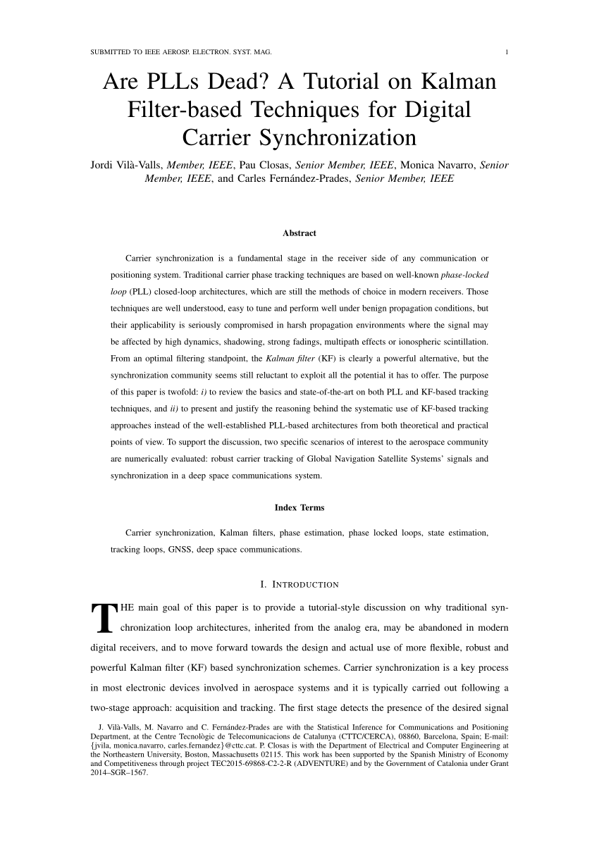 Pdf Are Plls Dead A Tutorial On Kalman Filter Based Techniques For Digital Carrier Synchronization