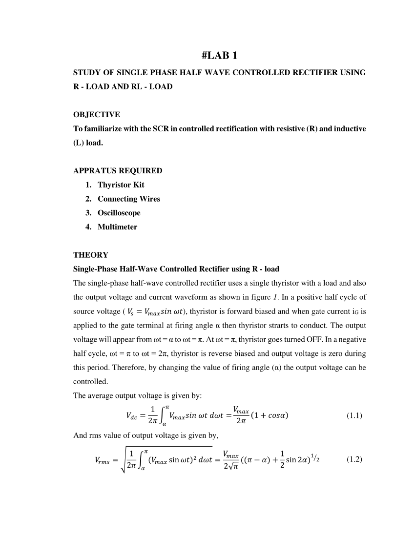 Pdf Lab 1 Study Of Single Phase Half Wave Controlled Rectifier Using R Load And Rl Load