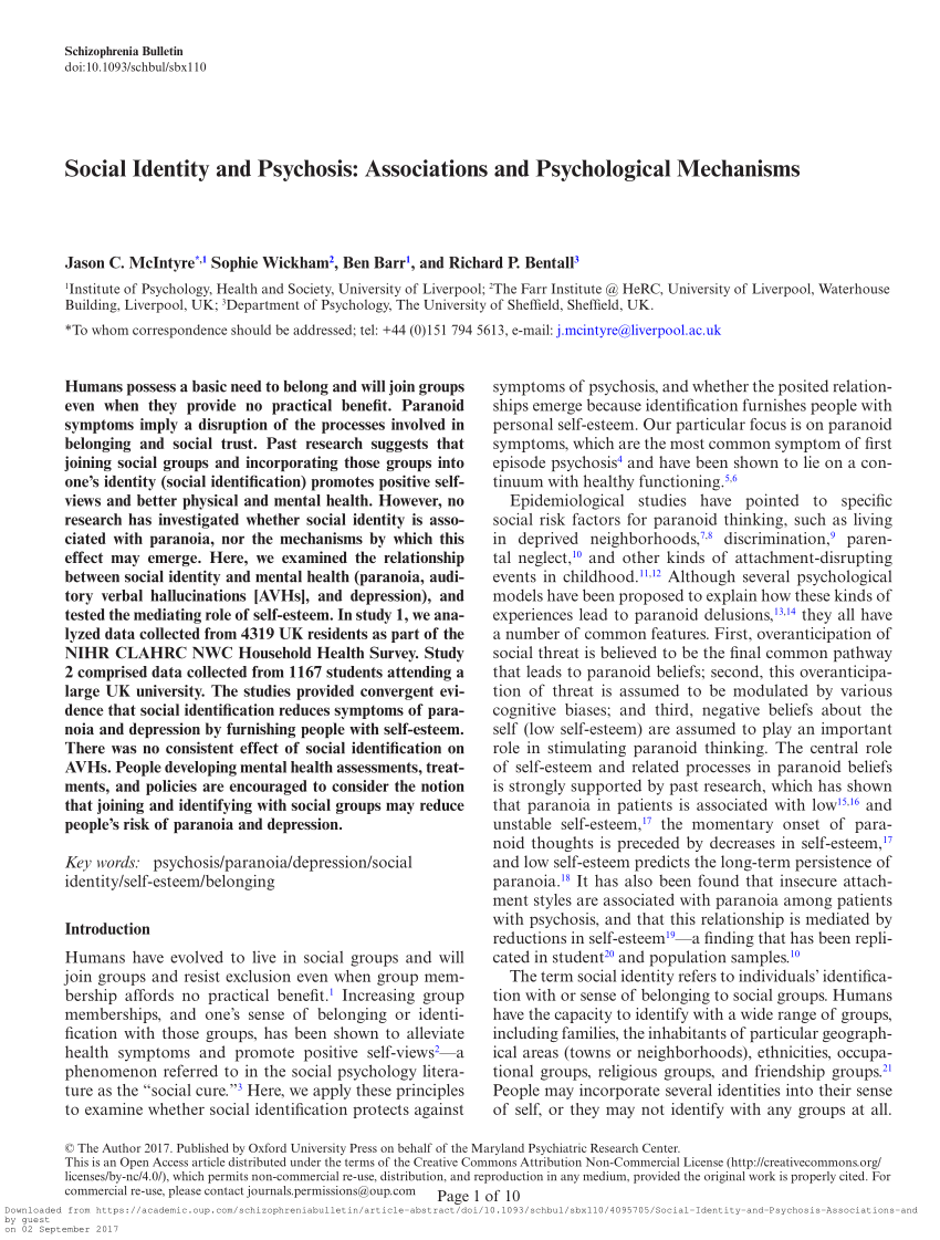 PDF Social Identity and Psychosis Associations and Psychological