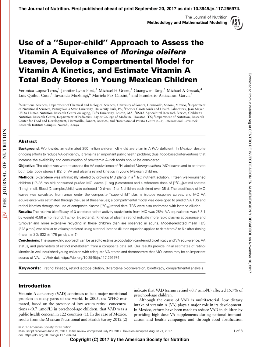 Pdf Use Of A Super Child Approach To Assess The Vitamin A Equivalence Of Moringa Oleifera Leaves Develop A Compartmental Model For Vitamin A Kinetics And Estimate Vitamin A Total Body Stores In