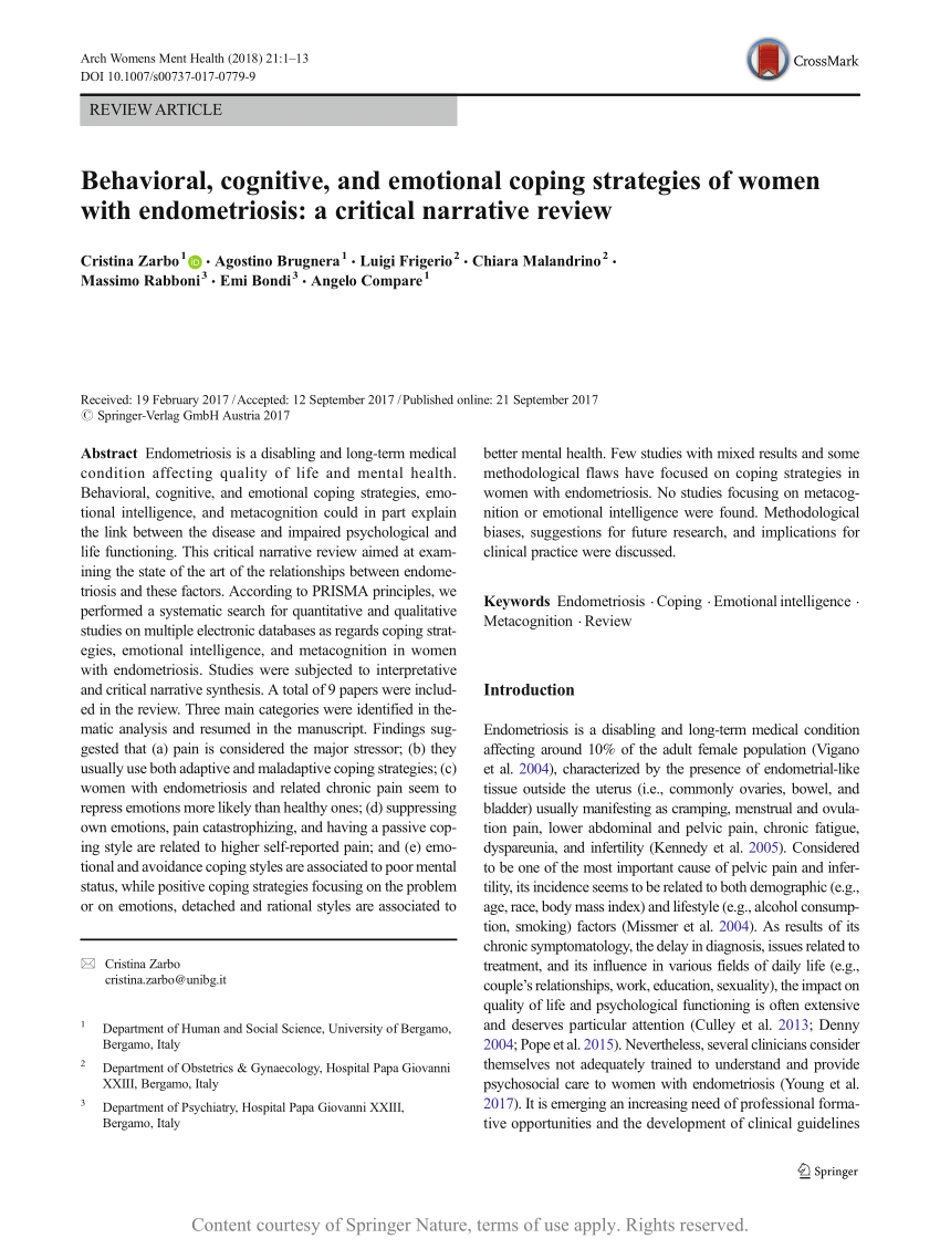 Behavioral Cognitive And Emotional Coping Strategies Of Women With Endometriosis A Critical 