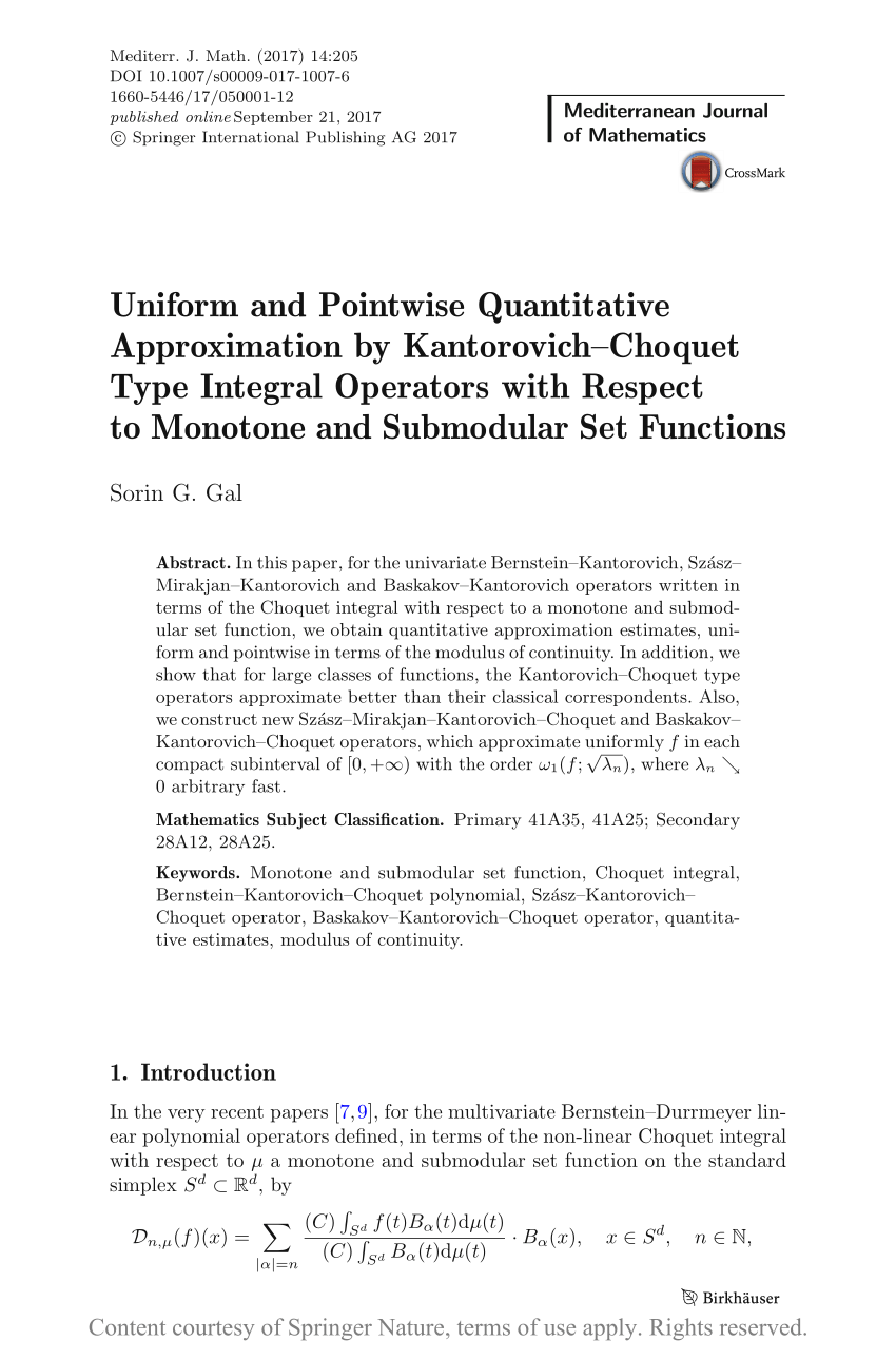 Uniform And Pointwise Quantitative Approximation By Kantorovich Choquet Type Integral Operators With Respect To Monotone And Submodular Set Functions Request Pdf