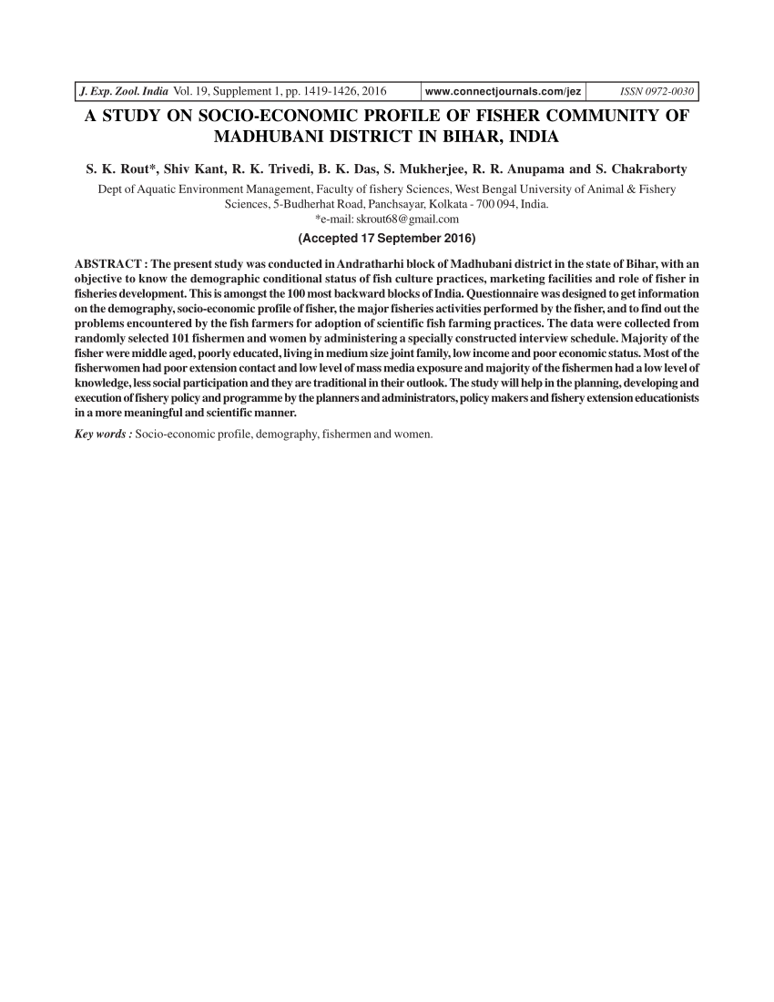 PDF) A STUDY ON SOCIO-ECONOMIC PROFILE OF FISHER COMMUNITY OF MADHUBANI  DISTRICT IN BIHAR, INDIA