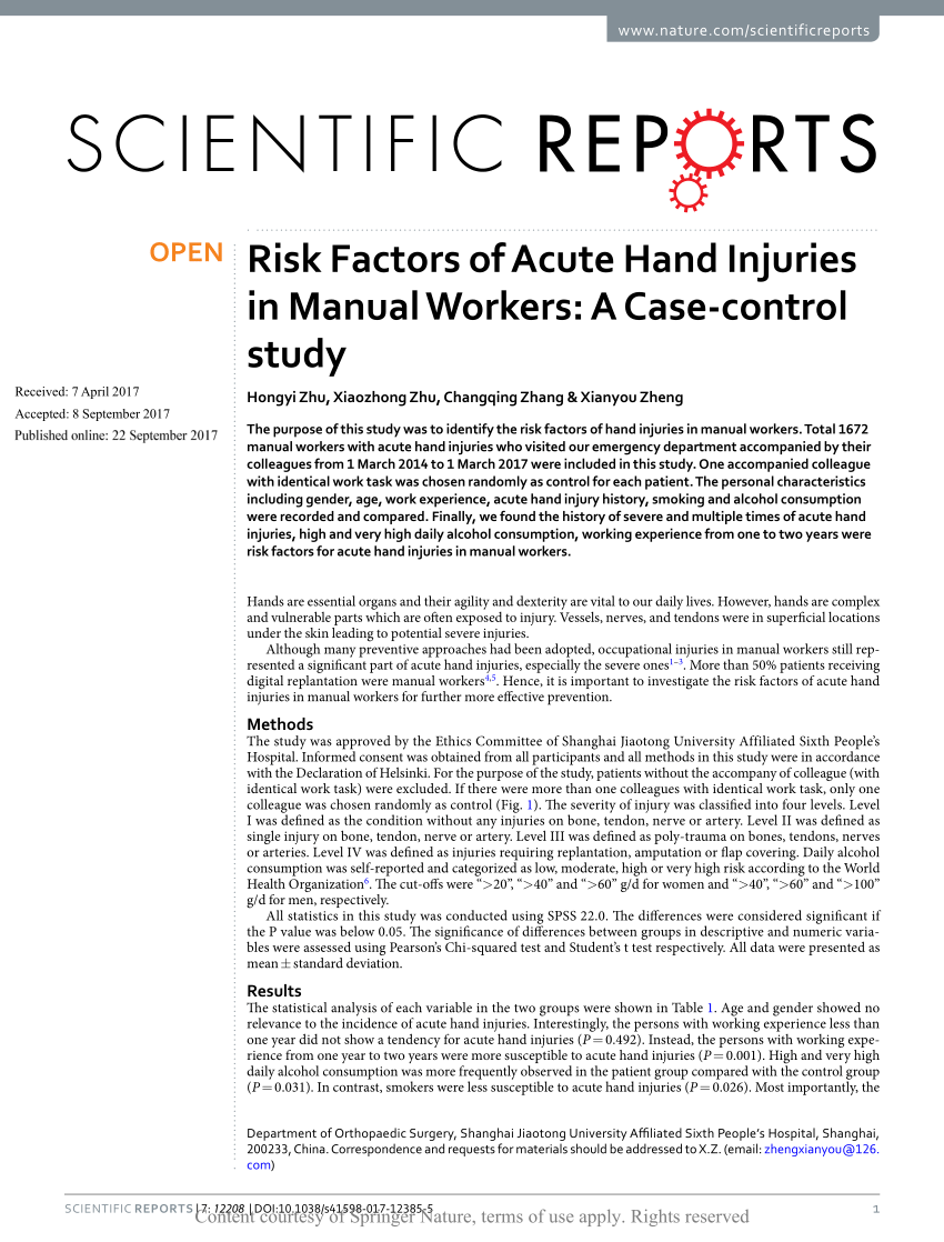 Picasso tempo ære PDF) Risk Factors of Acute Hand Injuries in Manual Workers: A Case-control  study