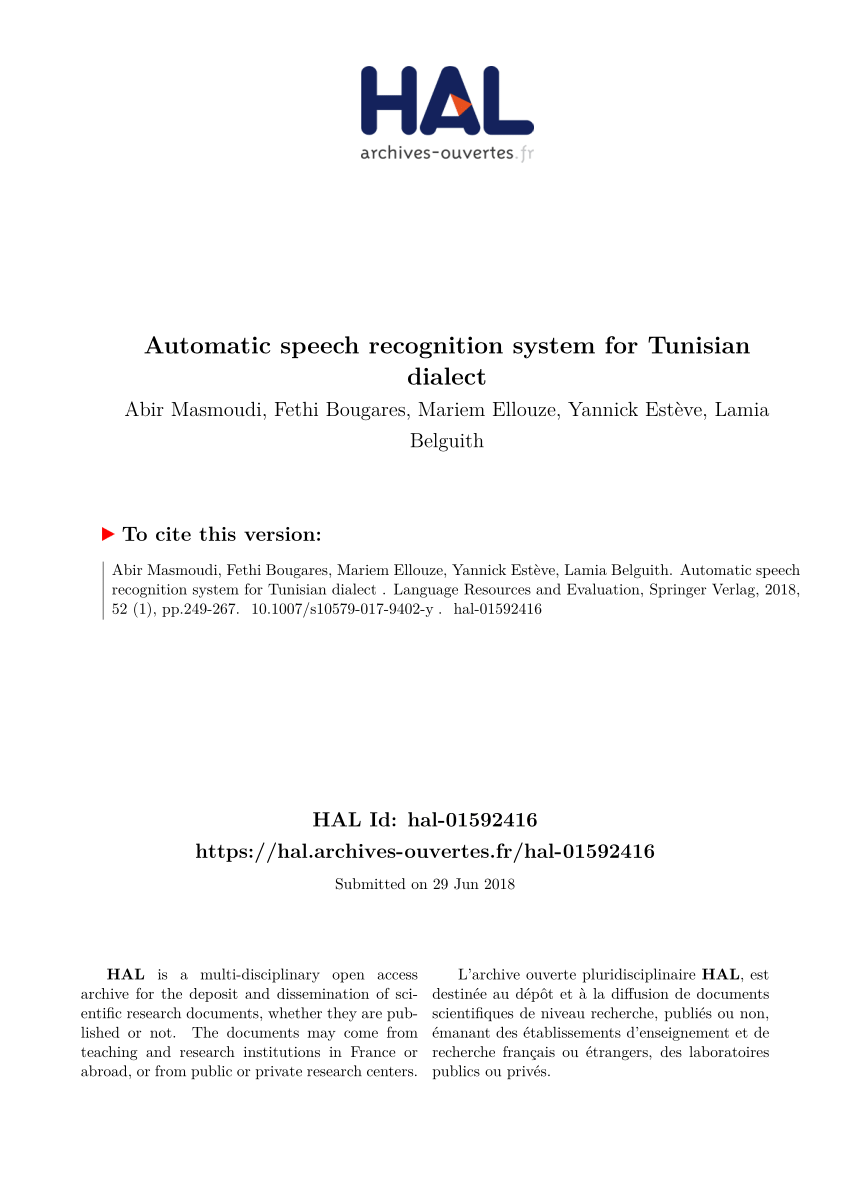 Pdf Automatic Speech Recognition System For Tunisian Dialect