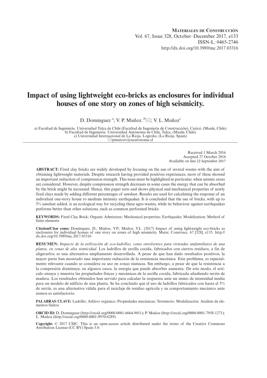 Pdf Impact Of Using Lightweight Eco Bricks As Enclosures For Individual Houses Of One Story On Zones Of High Seismicity