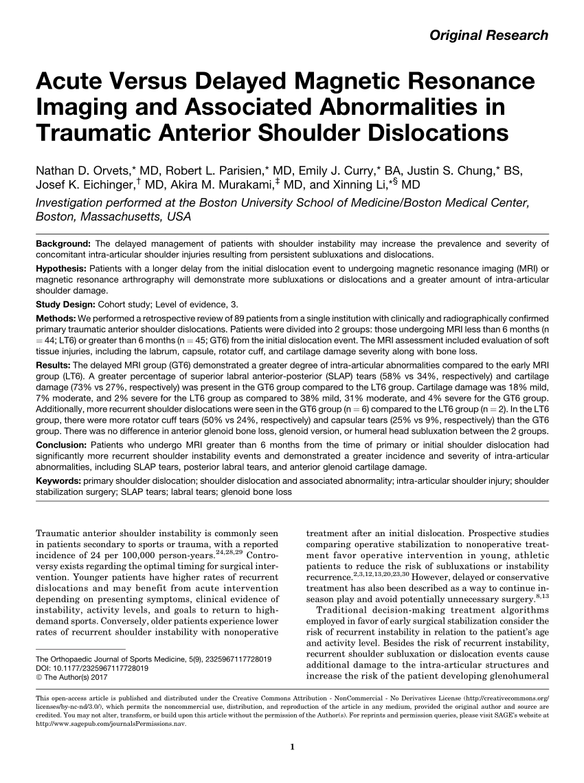 Pdf Acute Versus Delayed Magnetic Resonance Imaging And Associated Abnormalities In Traumatic Anterior Shoulder Dislocations