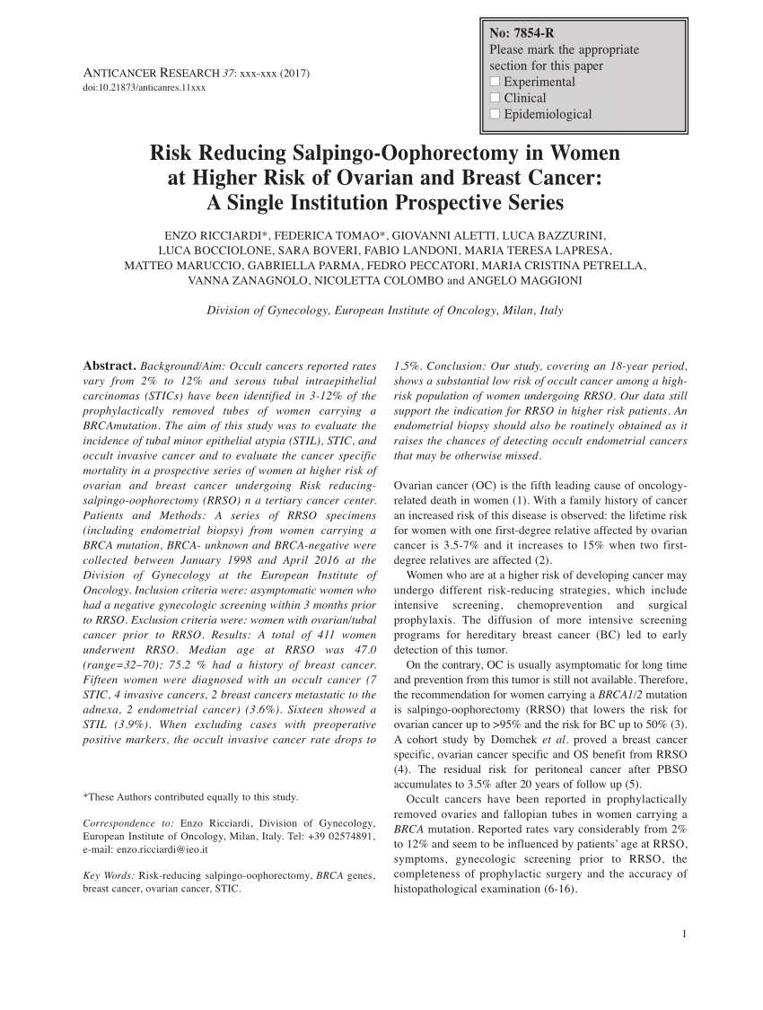 PDF Risk Reducing Salpingo Oophorectomy in Women at Higher Risk  