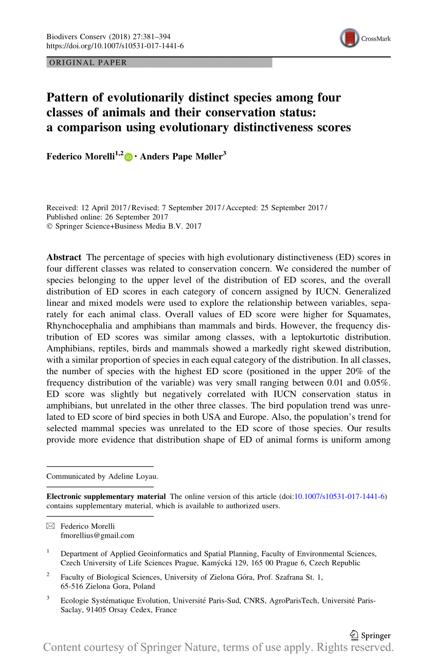 Pattern of evolutionarily distinct species among four classes of