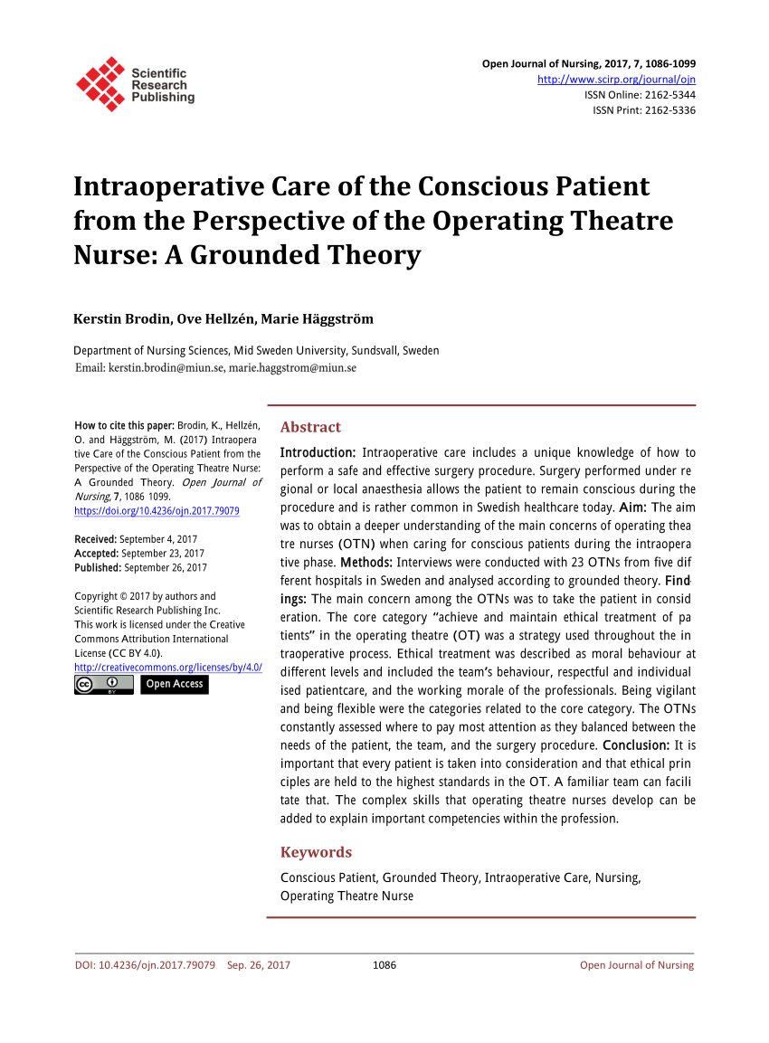 PDF) Intraoperative Care of the Conscious Patient from the Perspective of  the Operating Theatre Nurse: A Grounded Theory