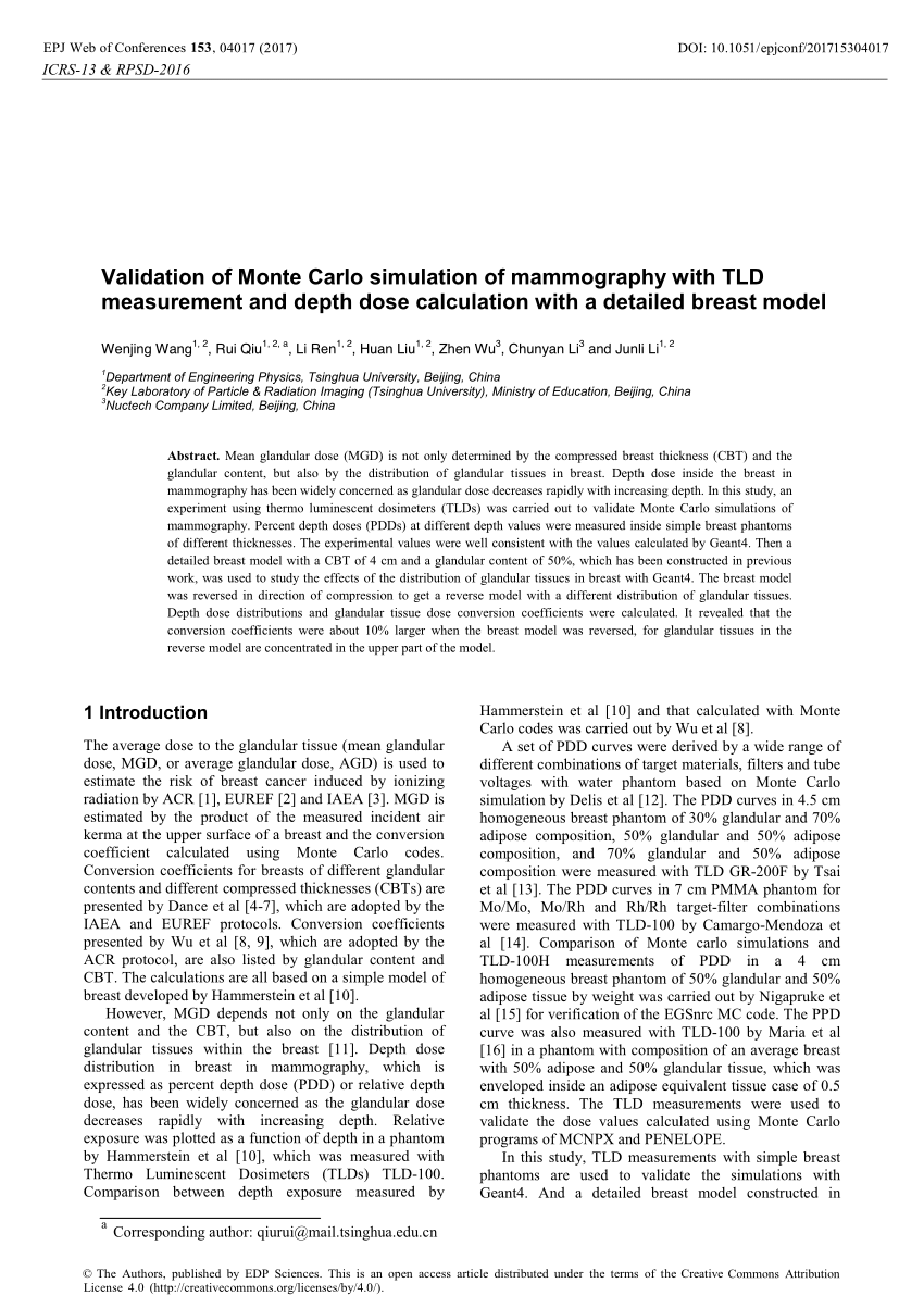 Pdf Validation Of Monte Carlo Simulation Of Mammography With Tld Measurement And Depth Dose Calculation With A Detailed Breast Model