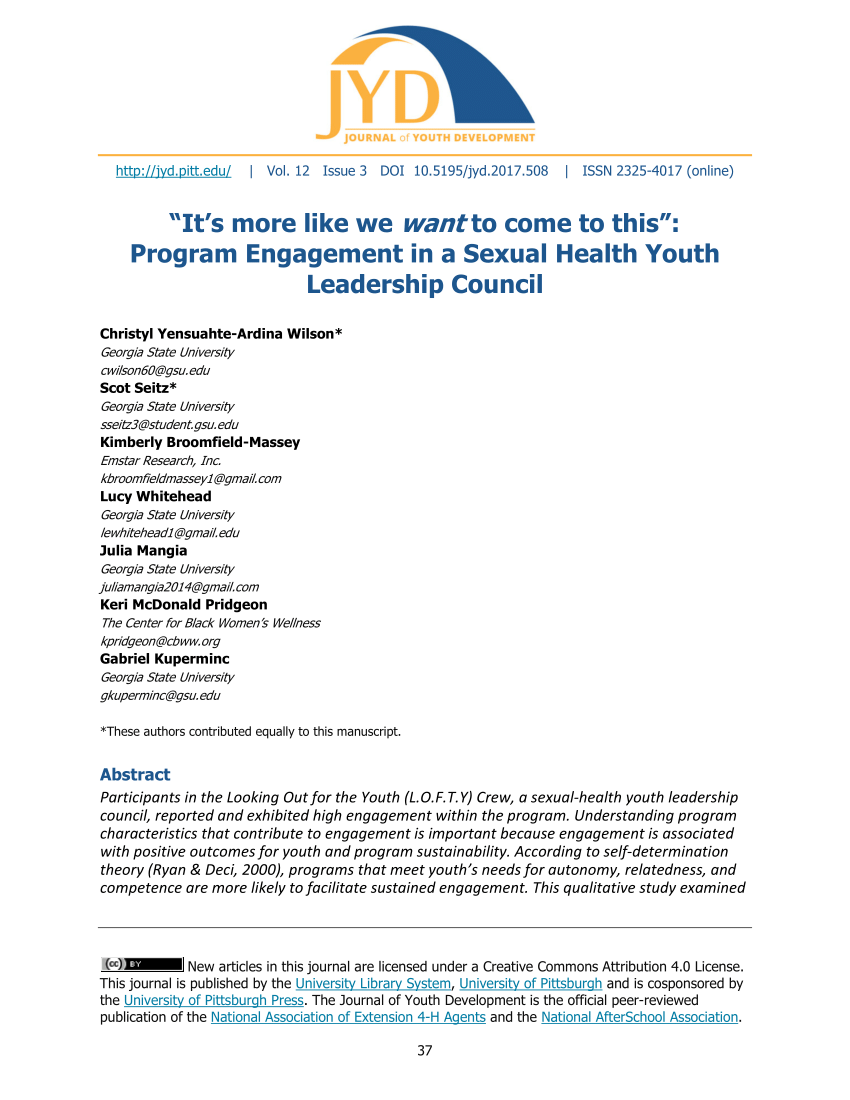 Pdf Its More Like We Want To Come To This Program Engagement In A Sexual Health Youth 4566