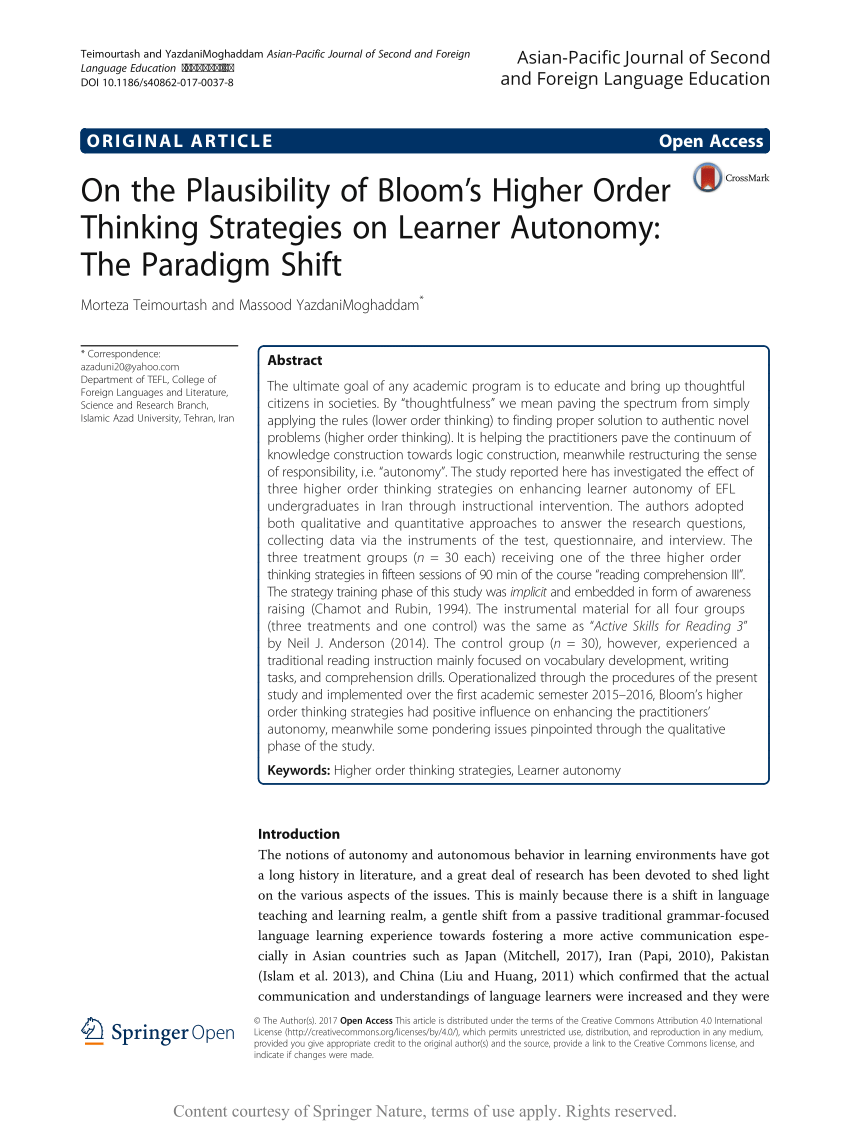 Paradigm Learner Shift Thinking of Higher Bloom\'s Strategies Order On The the Plausibility Autonomy: on (PDF)