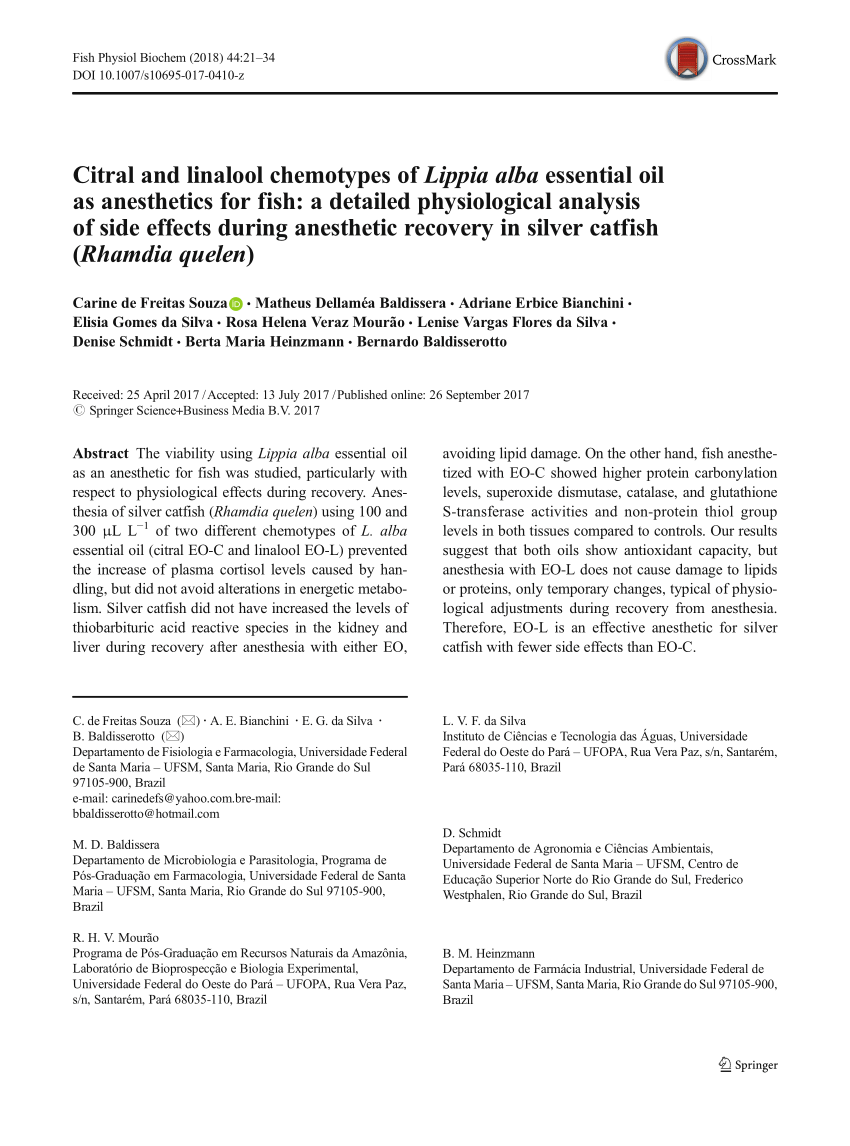 Pdf Citral And Linalool Chemotypes Of Lippia Alba Essential Oil As Anesthetics For Fish A Detailed Physiological Analysis Of Side Effects During Anesthetic Recovery In Silver Catfish Rhamdia Quelen