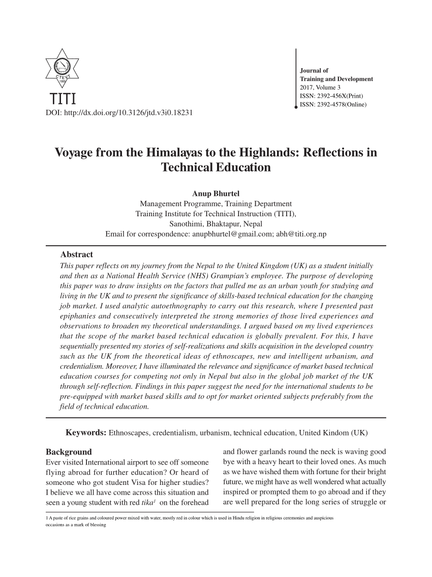 Pdf Voyage From The Himalayas To The Highlands Reflections In Technical Education