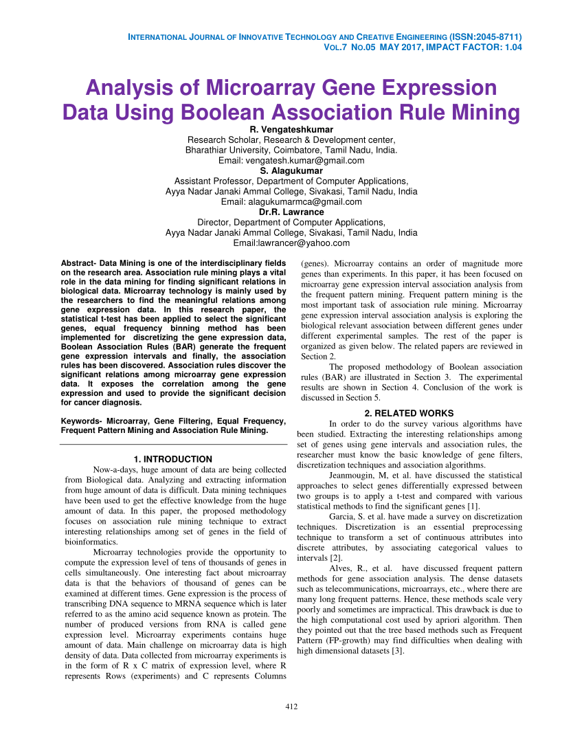 Pdf Analysis Of Microarray Gene Expression Data Using Boolean Association Rule Mining