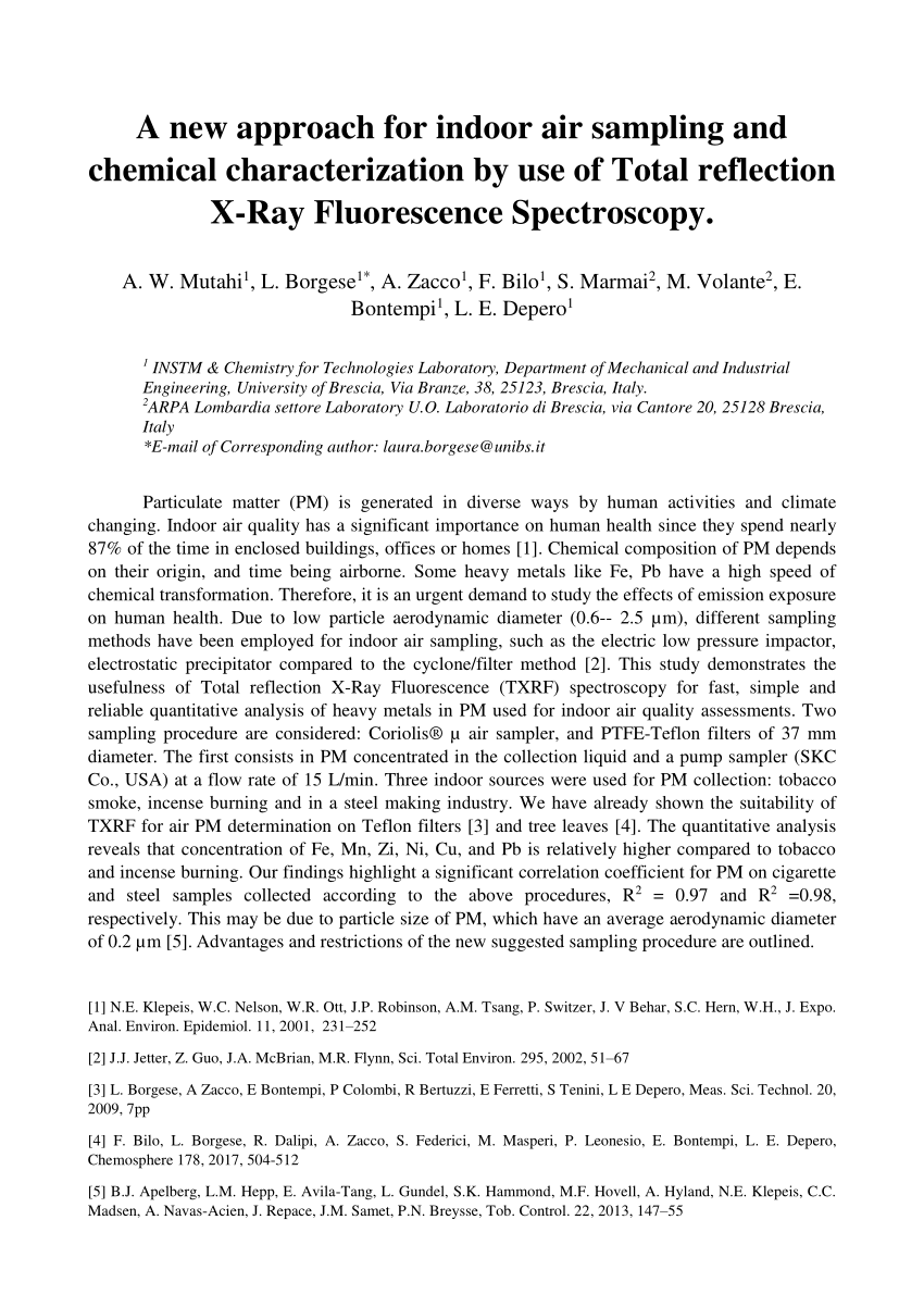 Pdf A New Approach For Indoor Air Sampling And Chemical Characterization By Use Of Total Reflection X Ray Fluorescence Spectroscopy
