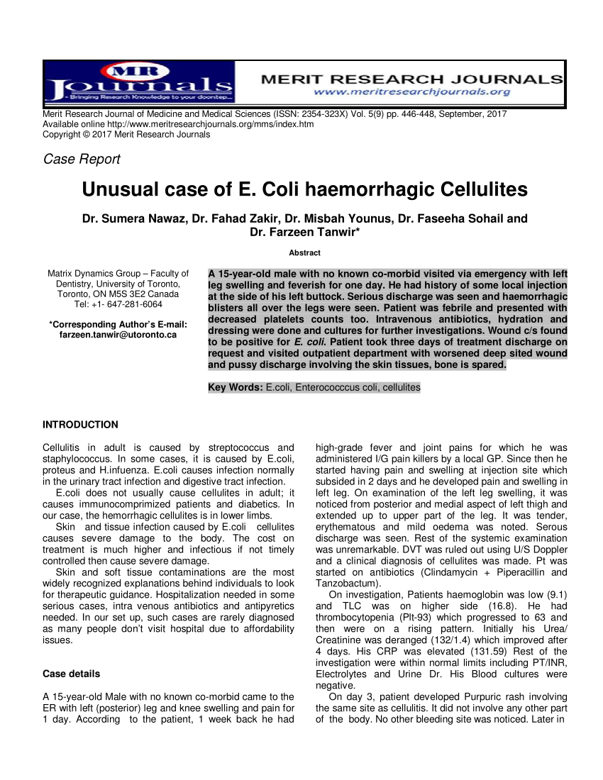 Pdf Unusual Case Of E Coli Haemorrhagic Cellulites