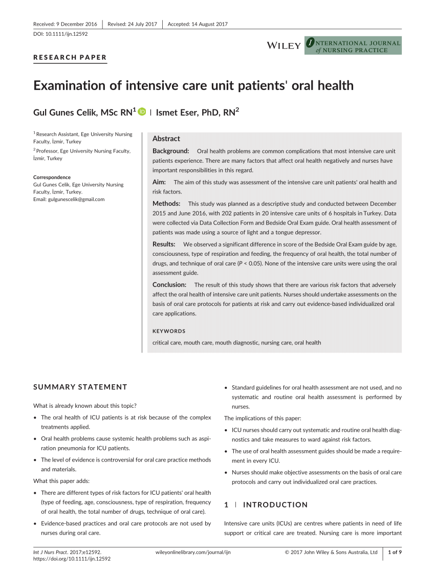 Pdf) Examination Of Intensive Care Unit Patients' Oral Health