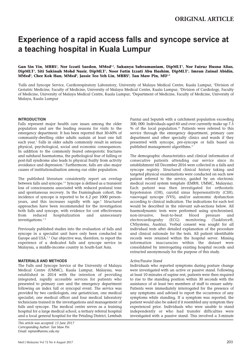 Pdf Experience Of A Rapid Access Falls And Syncope Service