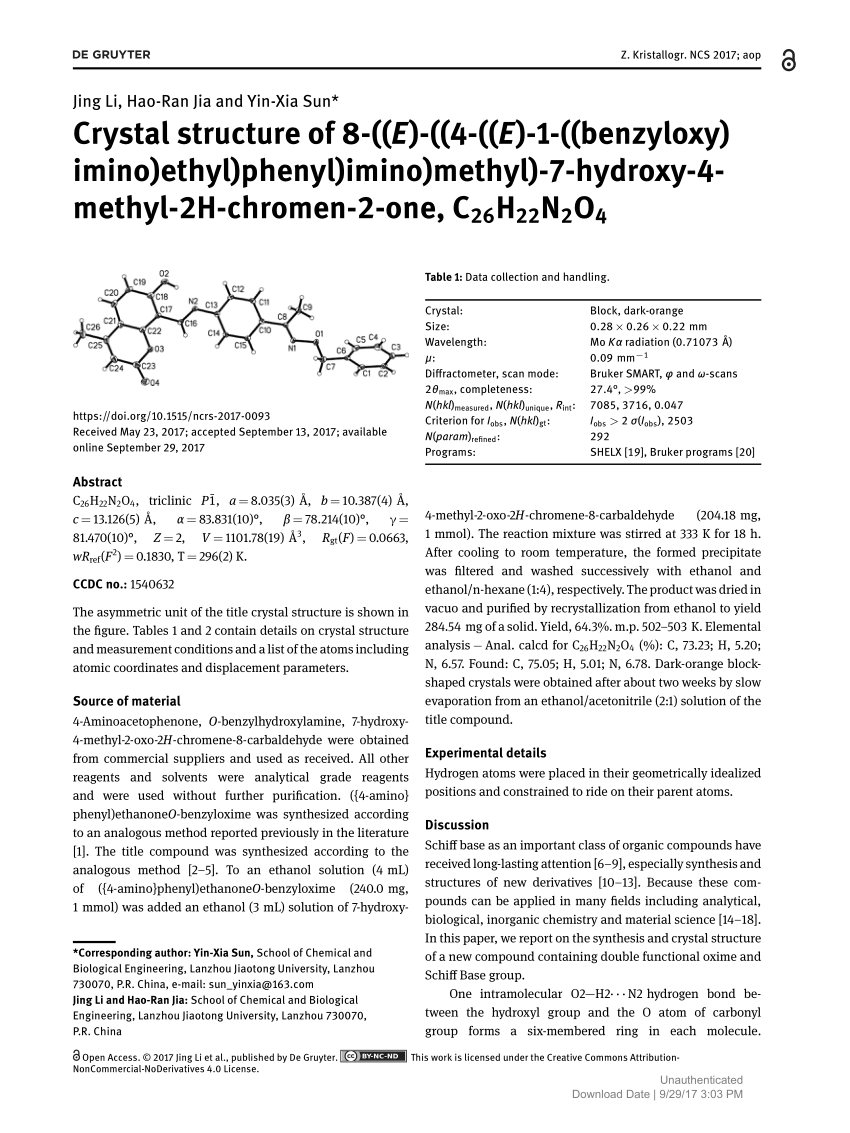 Pdf Crystal Structure Of 8 E 4 E 1 Benzyloxy Imino Ethyl Phenyl Imino Methyl 7 Hydroxy 4 Methyl 2h Chromen 2 One C26h22n2o4