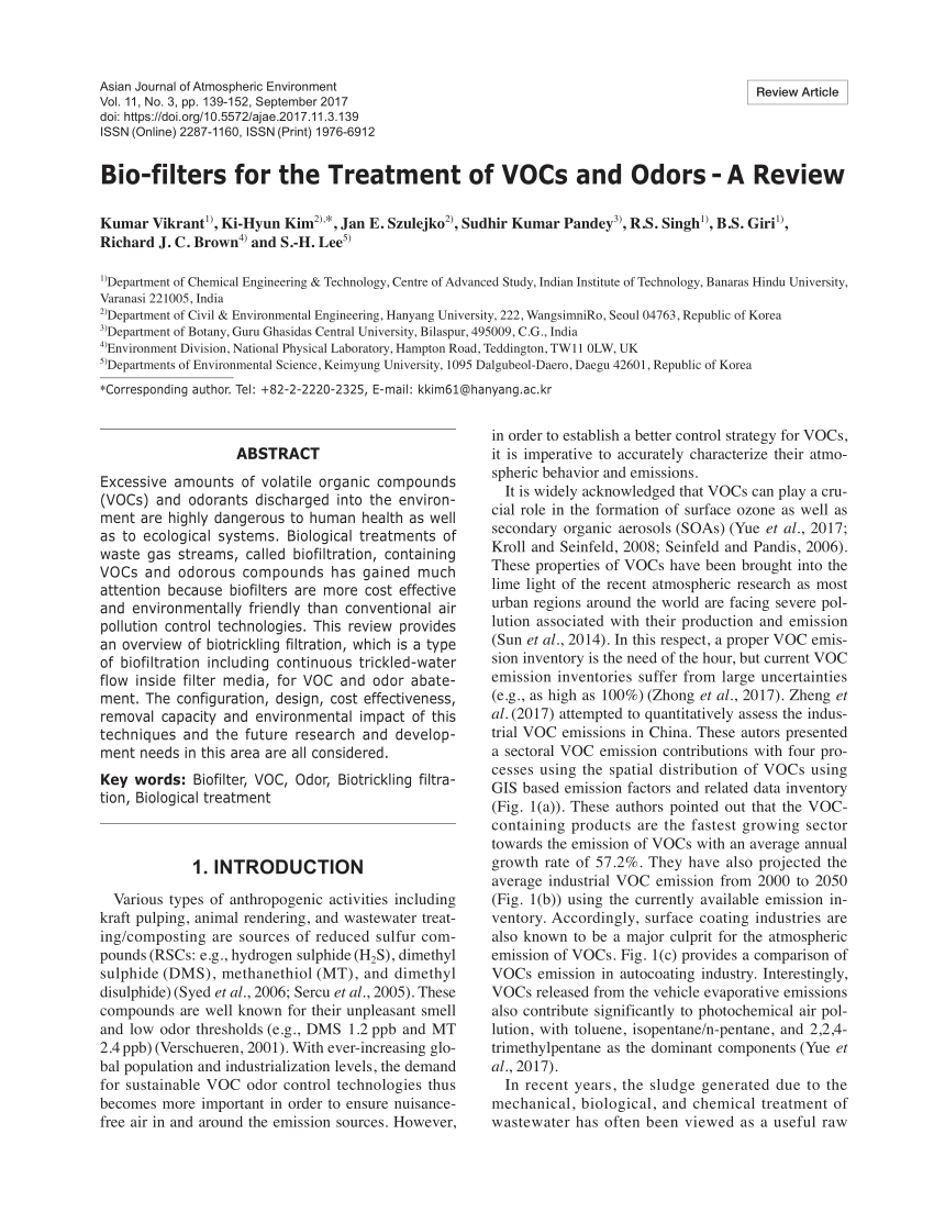 Pdf Bio Filters For The Treatment Of Vocs And Odors A Review