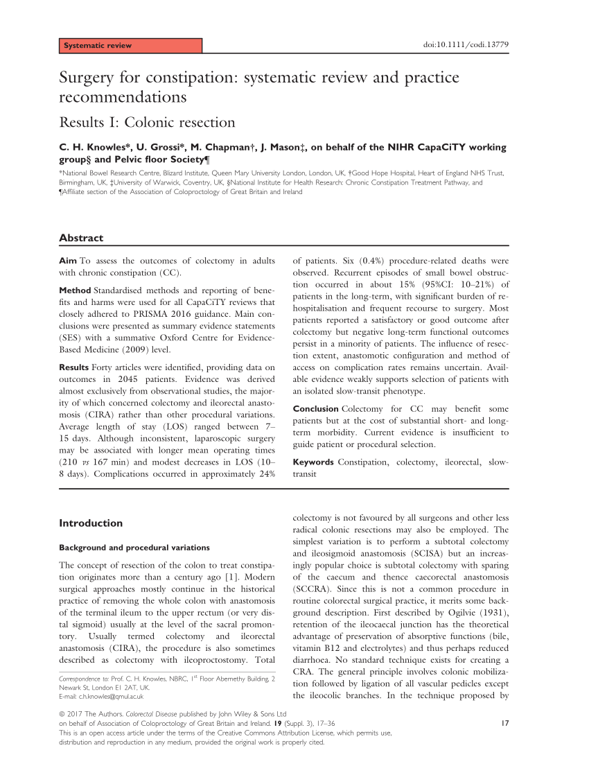 Pdf Surgery For Constipation Systematic Review And Practice Recommendations