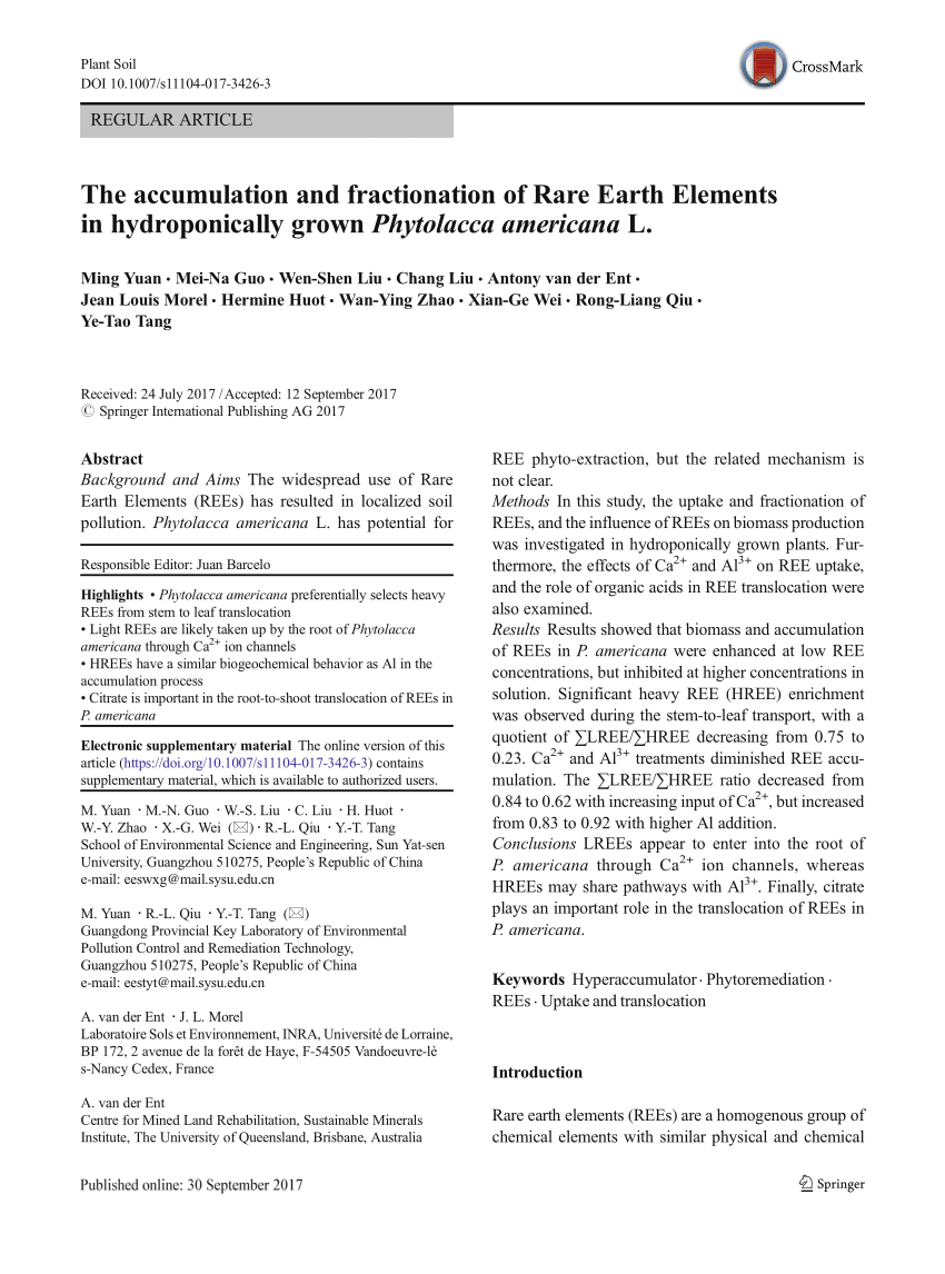Pdf The Accumulation And Fractionation Of Rare Earth Elements In Hydroponically Grown Phytolacca Americana L
