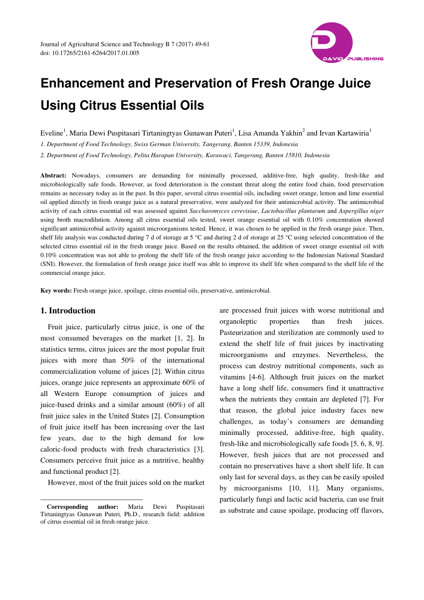 Pdf Enhancement And Preservation Of Fresh Orange Juice Using Citrus Essential Oils