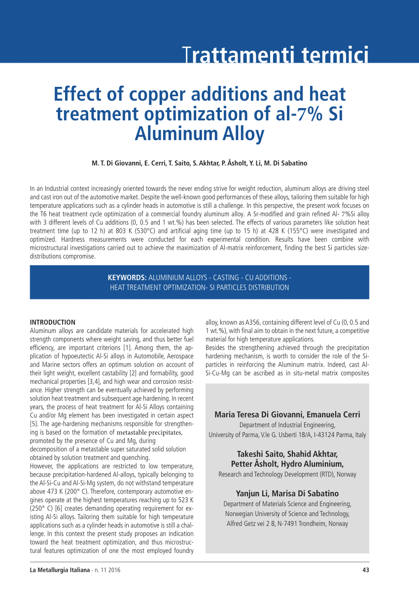 Pdf Effect Of Copper Additions And Heat Treatment Optimization Of Al 7 Si Aluminum Alloy