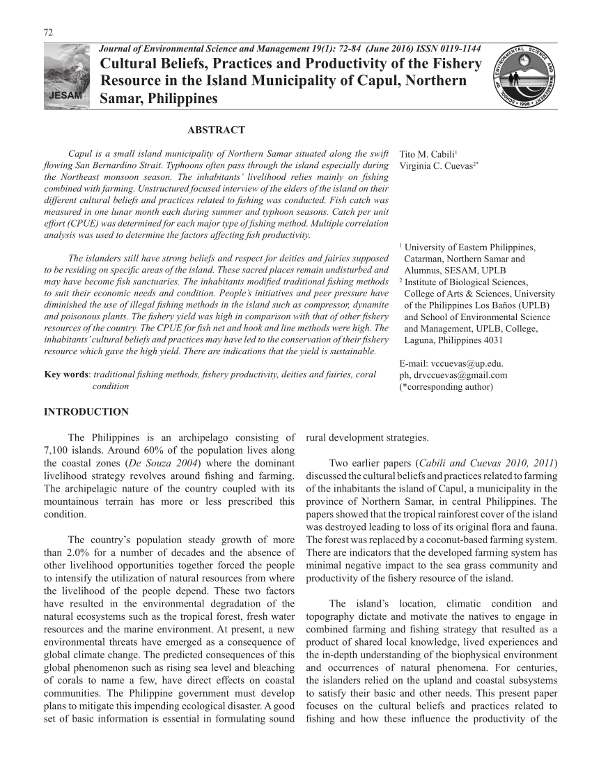 PDF) Cultural Beliefs, Practices and Productivity of the Fishery Resource  in the Island Municipality of Capul, Northern Samar, Philippines