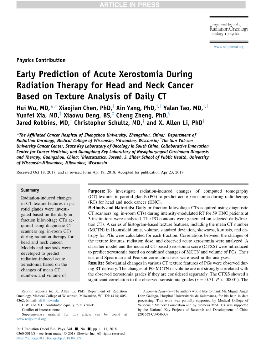 PDF) Early Prediction of Xerostomia During Radiation Therapy for 