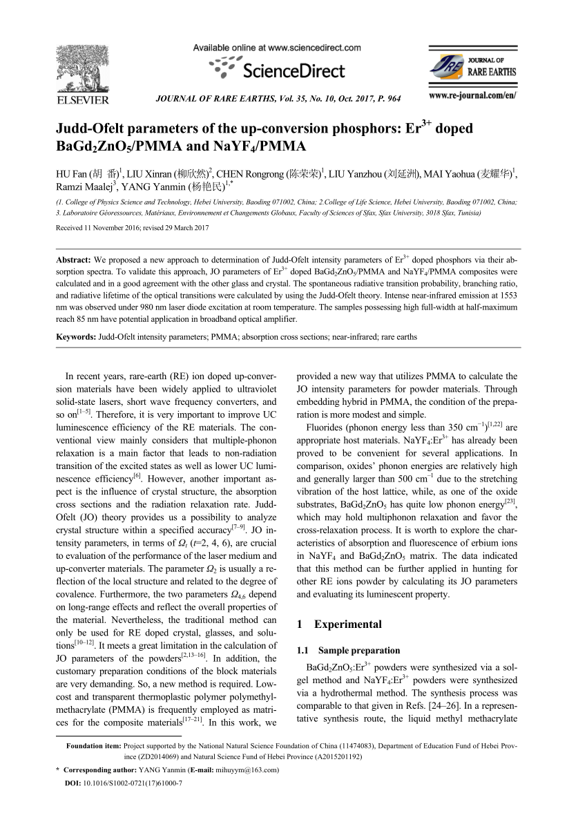 Pdf Judd Ofelt Parameters Of The Up Conversion Phosphors Er 3 Doped Bagd 2 Zno 5 Pmma And Nayf 4 Pmma