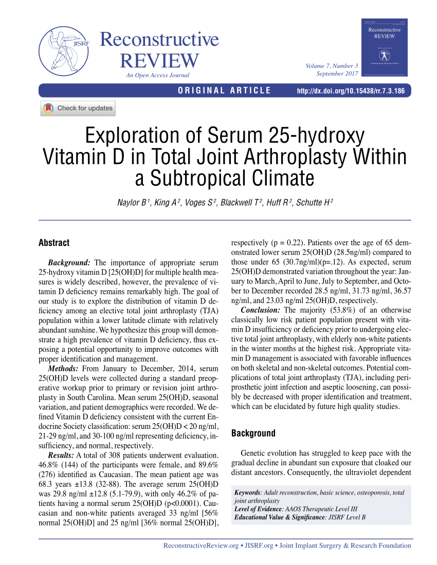 (PDF) Exploration of Serum 25Hydroxy Vitamin D in Total Joint