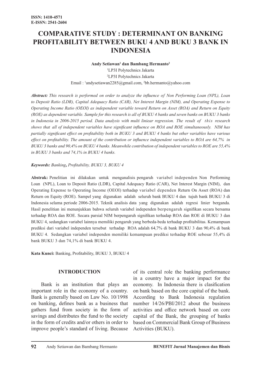 Pdf Comparative Study Determinant On Banking Profitability Between Buku 4 And Buku 3 Bank In Indonesia