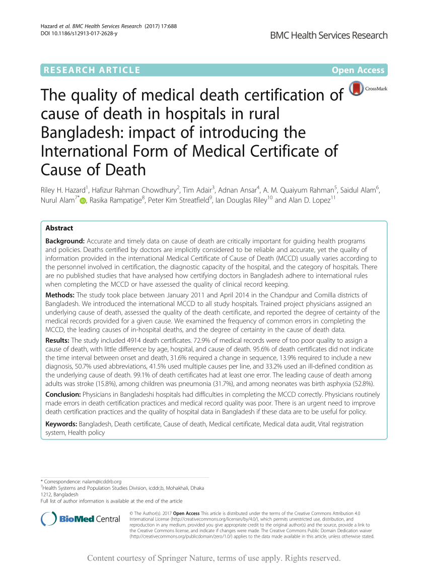 PDF) The quality of medical death certification of cause of death In Medical Death Note Template