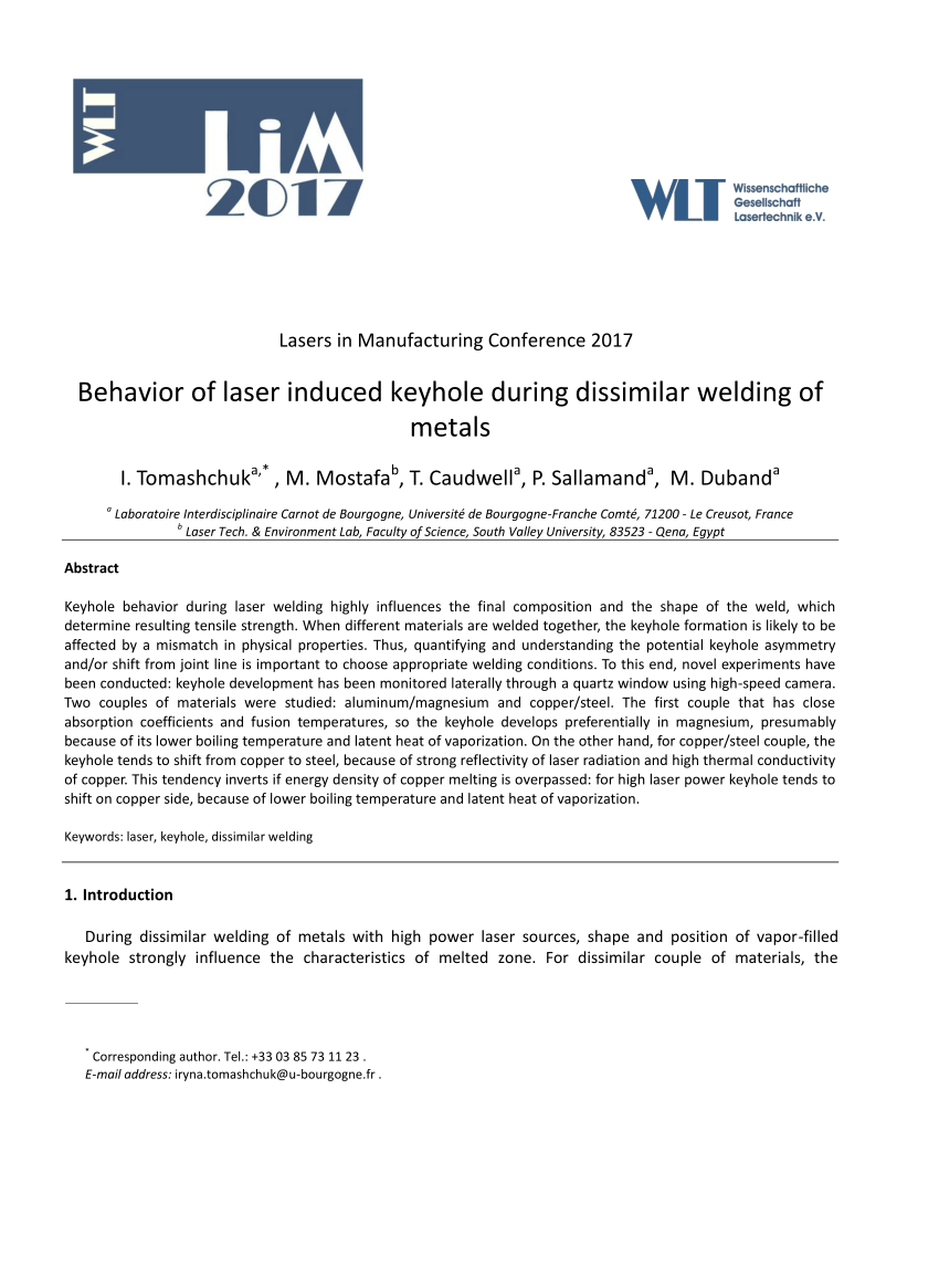 PDF) Behavior of laser induced keyhole during dissimilar welding