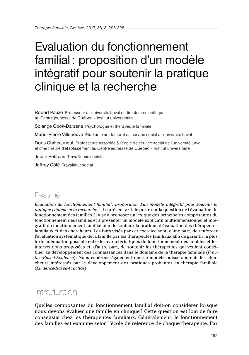 Pdf Evaluation Du Fonctionnement Familial Proposition D Un Modele Integratif Pour Soutenir La Pratique Clinique Et La Recherche