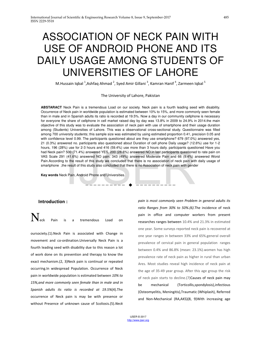 Pdf Association Of Neck Pain With Use Of Android Phone And Its Daily Usage Among Students Of Universities Of Lahore