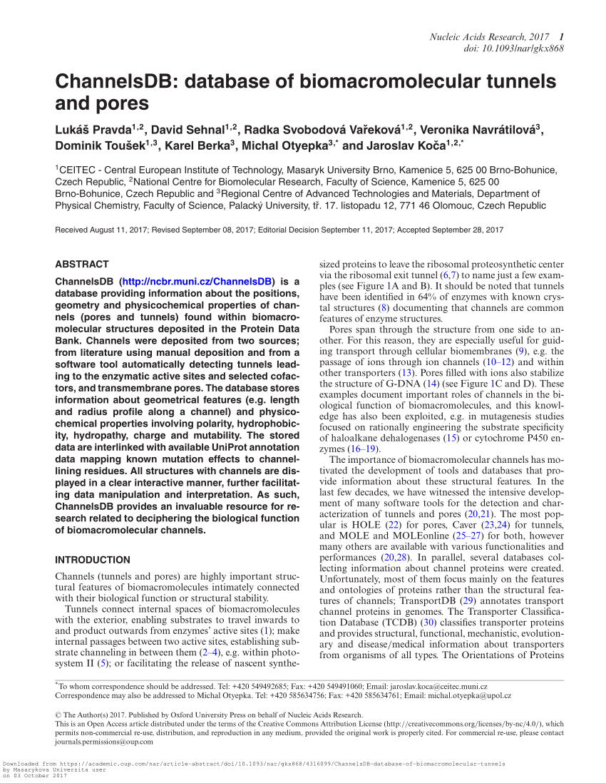 Pdf Channelsdb Database Of Biomacromolecular Tunnels And Pores