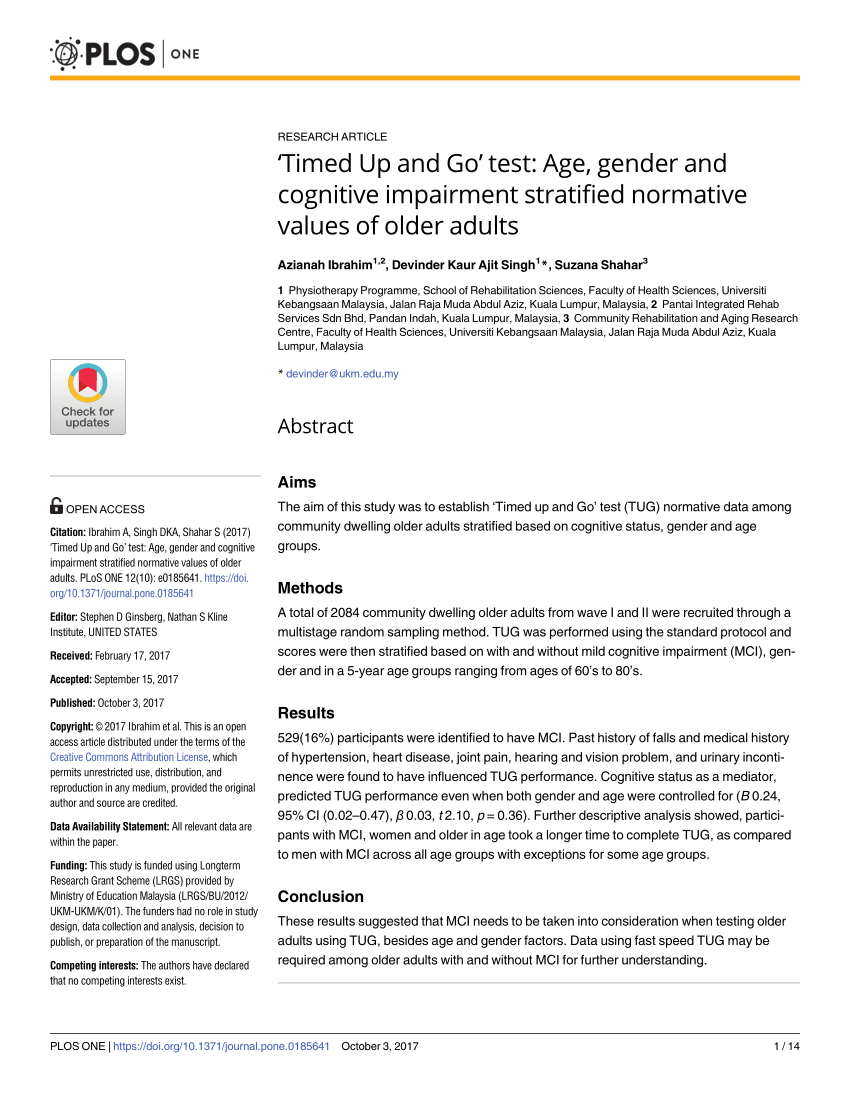 PDF) 'Timed Up and Go' test: Age, gender and cognitive impairment 