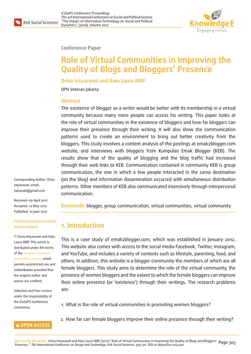 Pdf Role Of Virtual Communities In Improving The Quality Of Blogs And